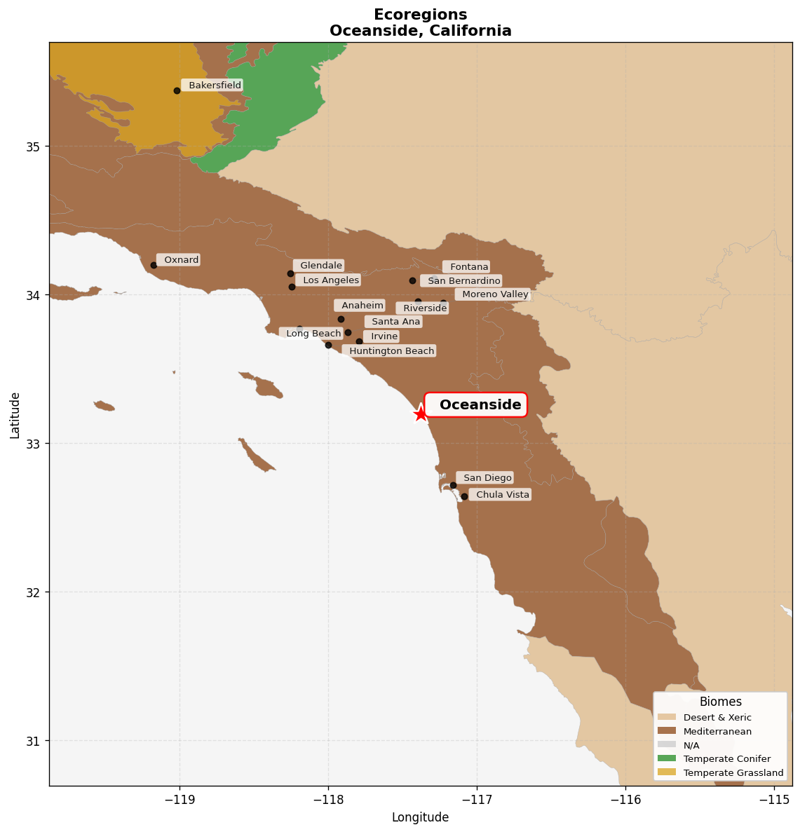 California coastal sage and chaparral Ecoregion Map for Oceanside, CA