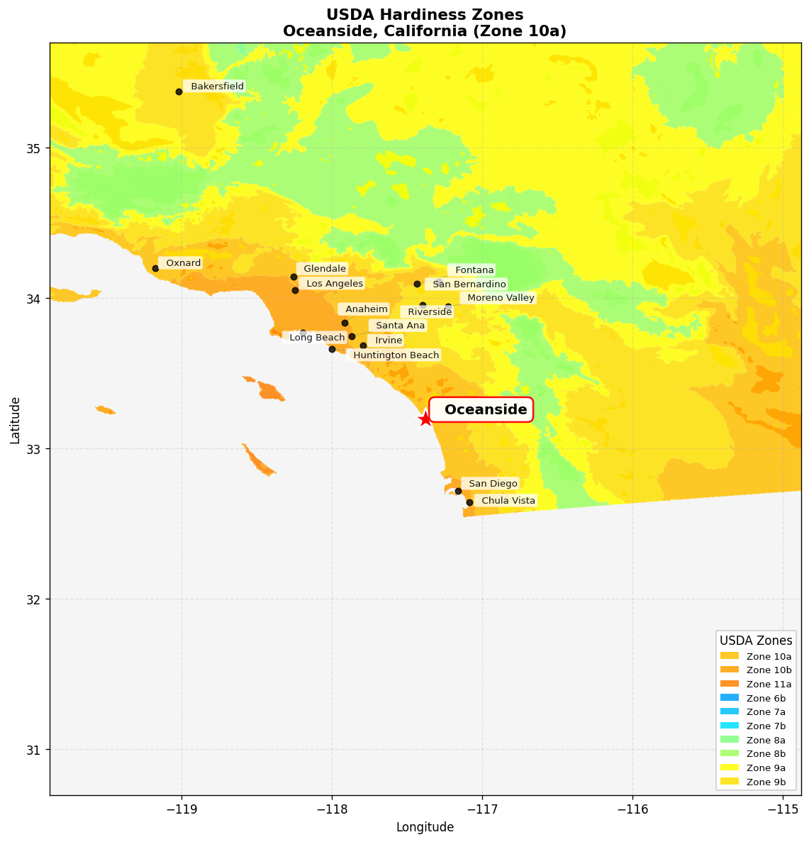 USDA Hardiness Zone 10a Map for Oceanside, CA
