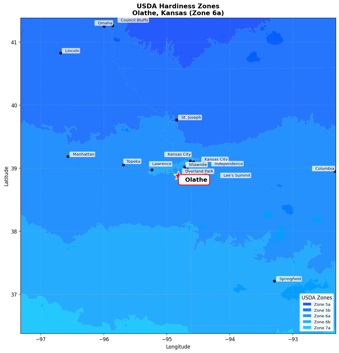 USDA Hardiness Zone 6a Map for Olathe, KS
