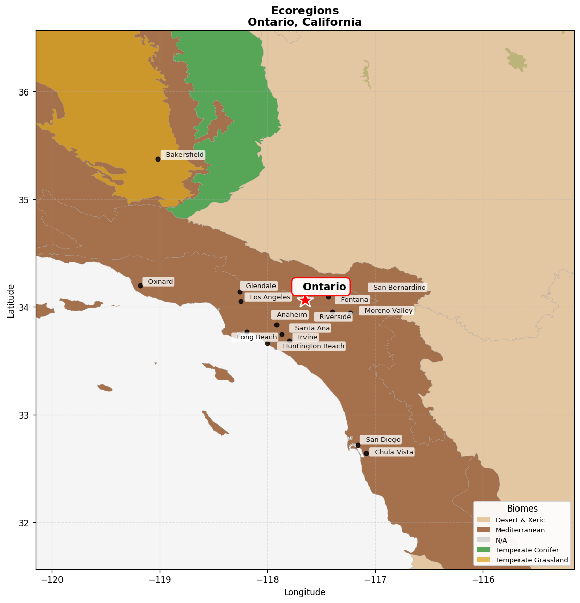 California coastal sage and chaparral Ecoregion Map for Ontario, CA