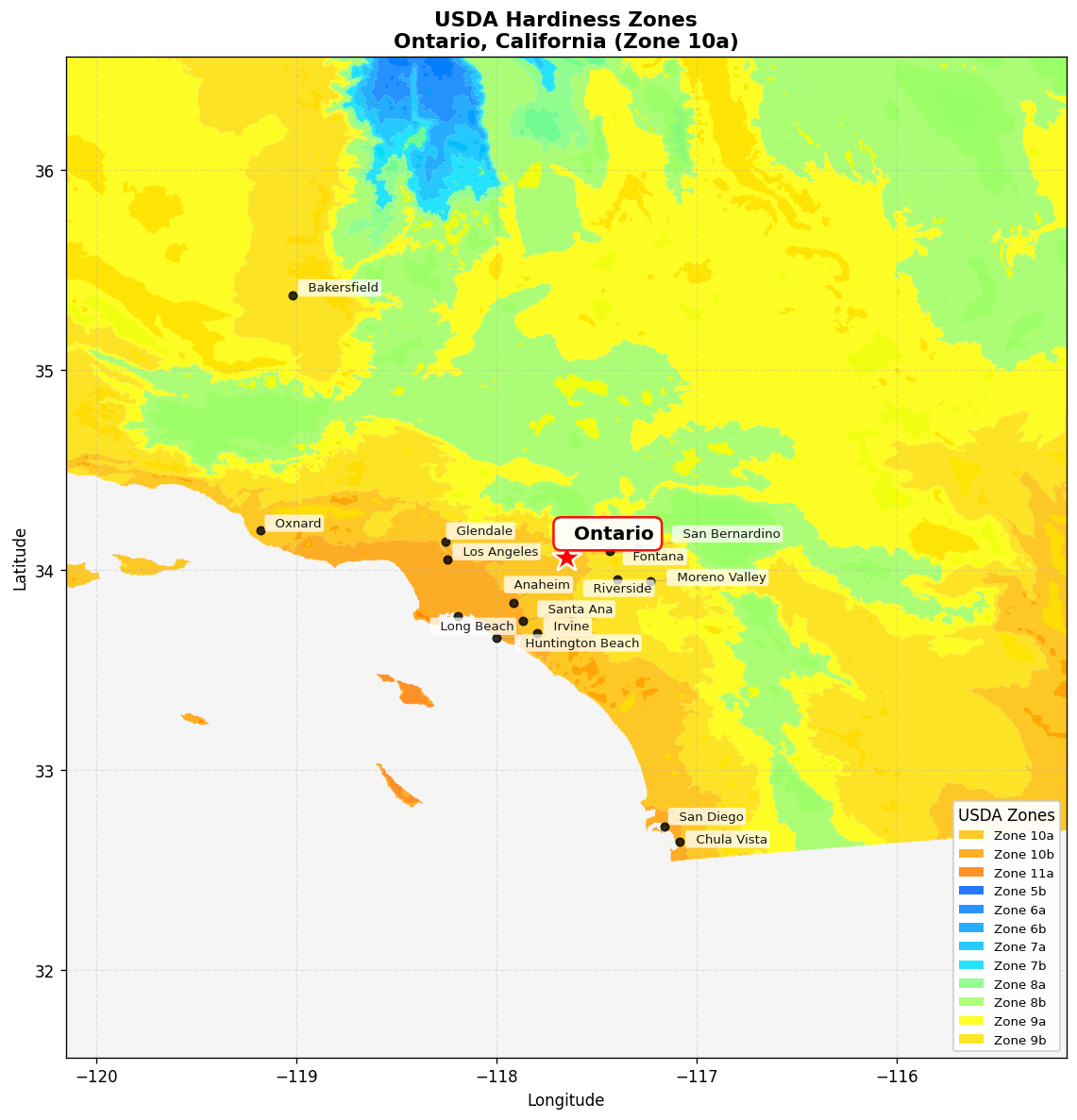 USDA Hardiness Zone 10a Map for Ontario, CA