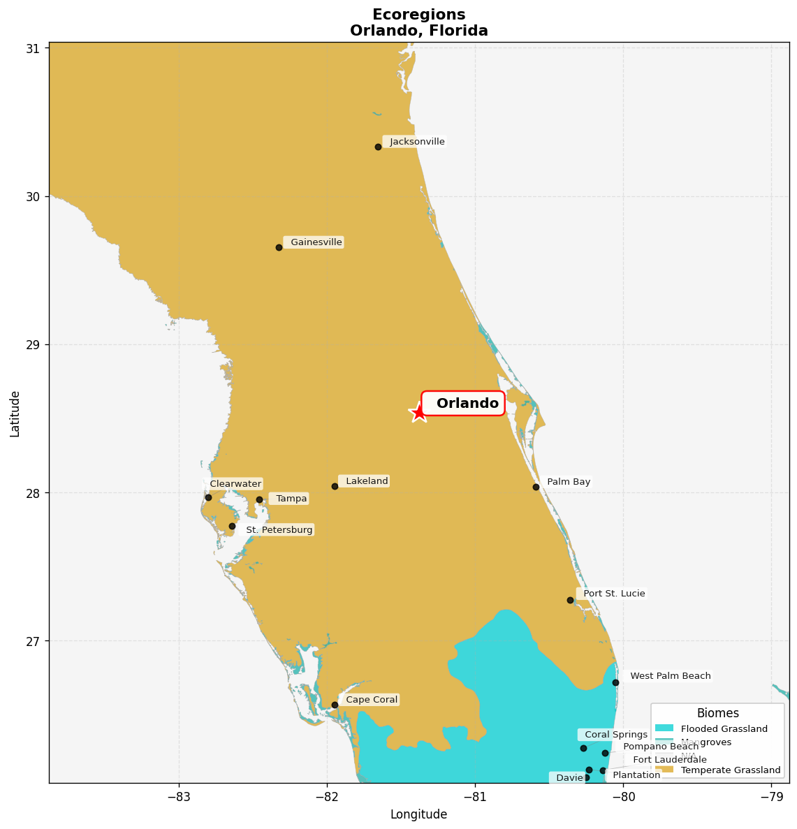 Southeast US conifer savannas Ecoregion Map for Orlando, FL