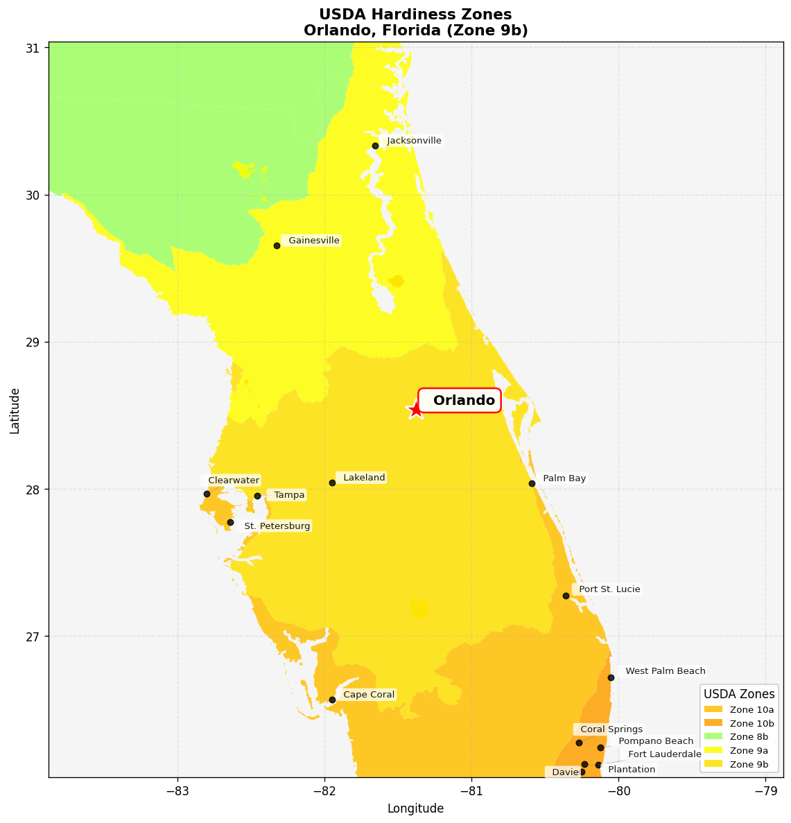USDA Hardiness Zone 9b Map for Orlando, FL