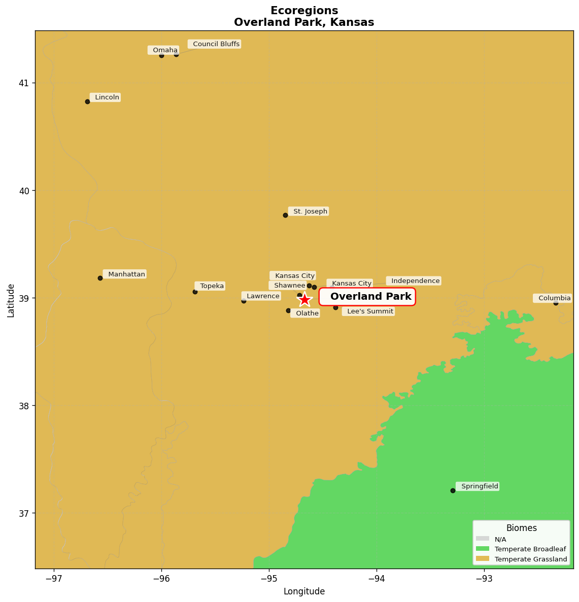 Central Tallgrass prairie Ecoregion Map for Overland Park, KS
