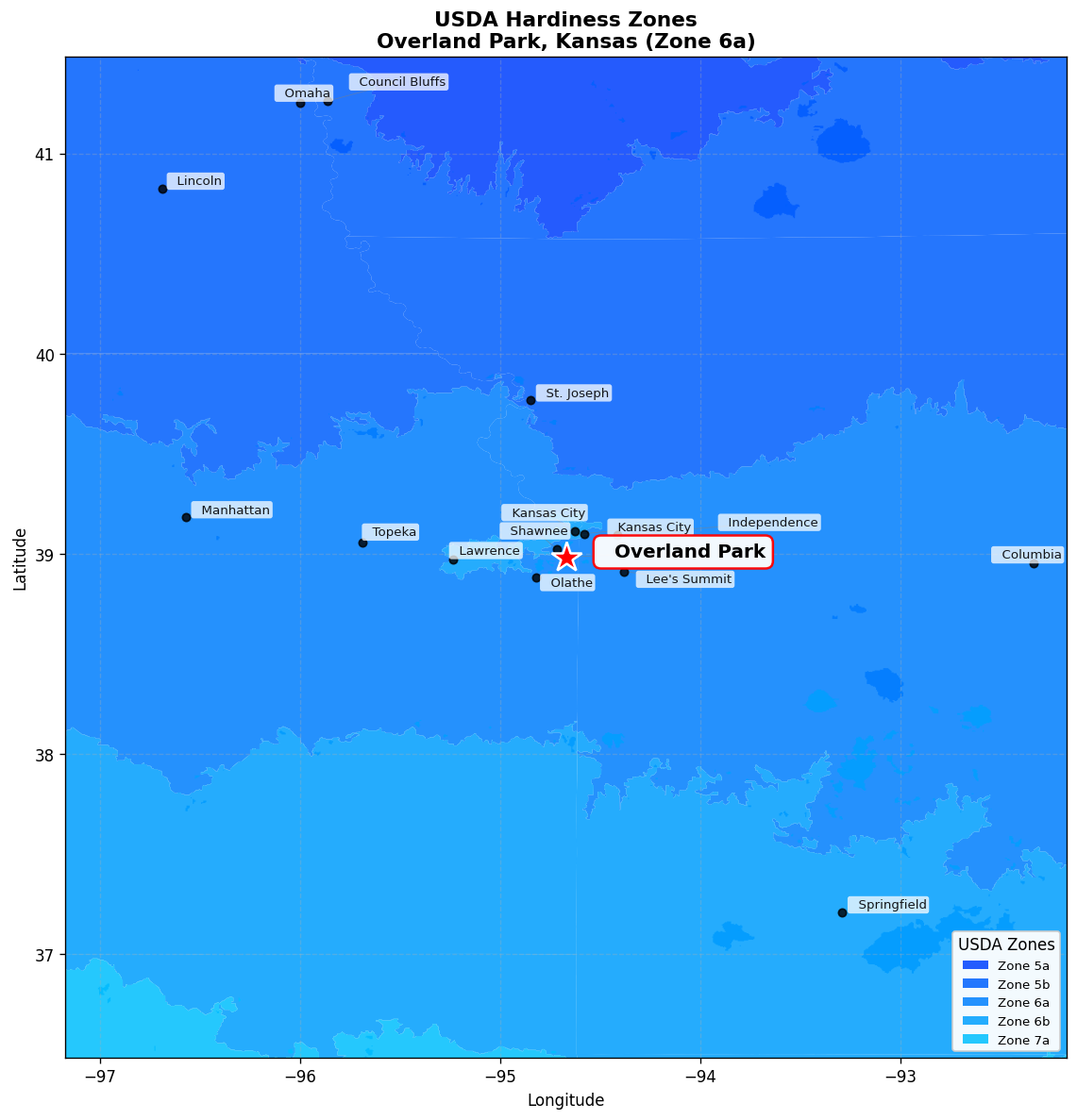USDA Hardiness Zone 6a Map for Overland Park, KS