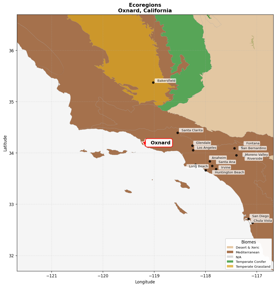 California coastal sage and chaparral Ecoregion Map for Oxnard, CA
