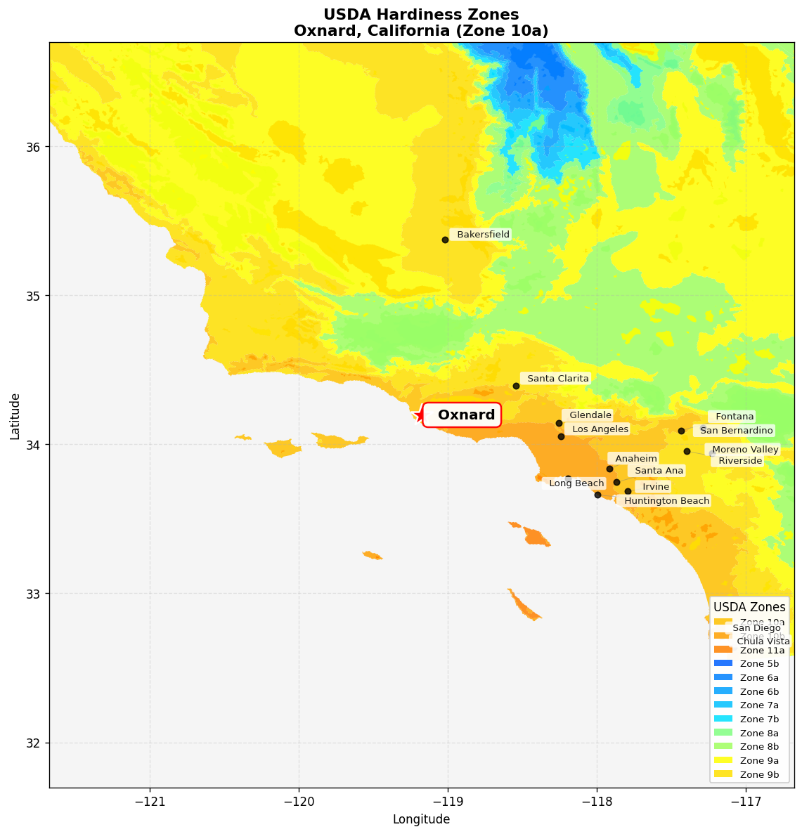 USDA Hardiness Zone 10a Map for Oxnard, CA