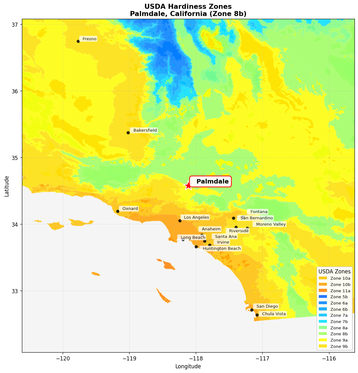 USDA Hardiness Zone 8b Map for Palmdale, CA