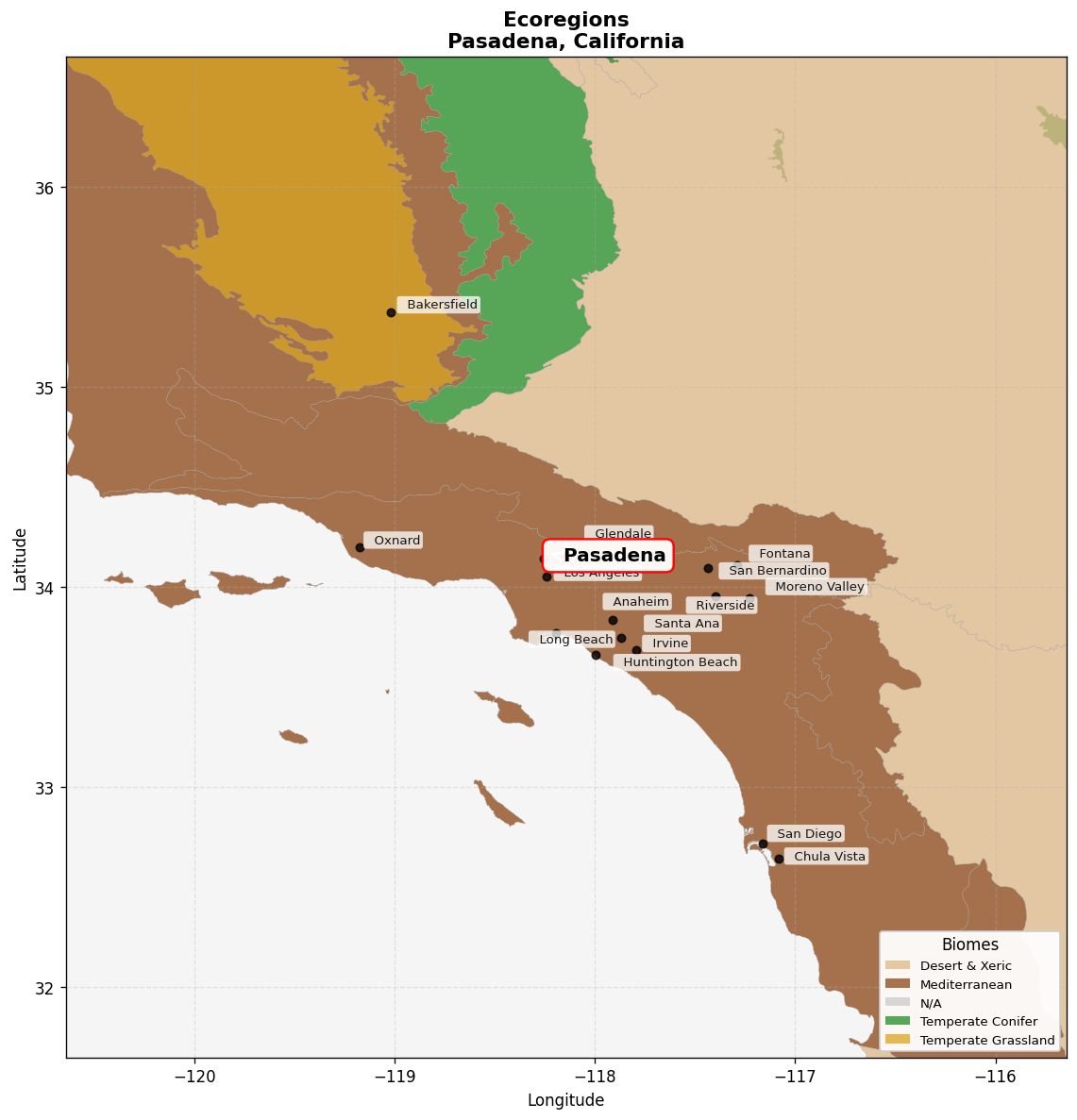 California coastal sage and chaparral Ecoregion Map for Pasadena, CA