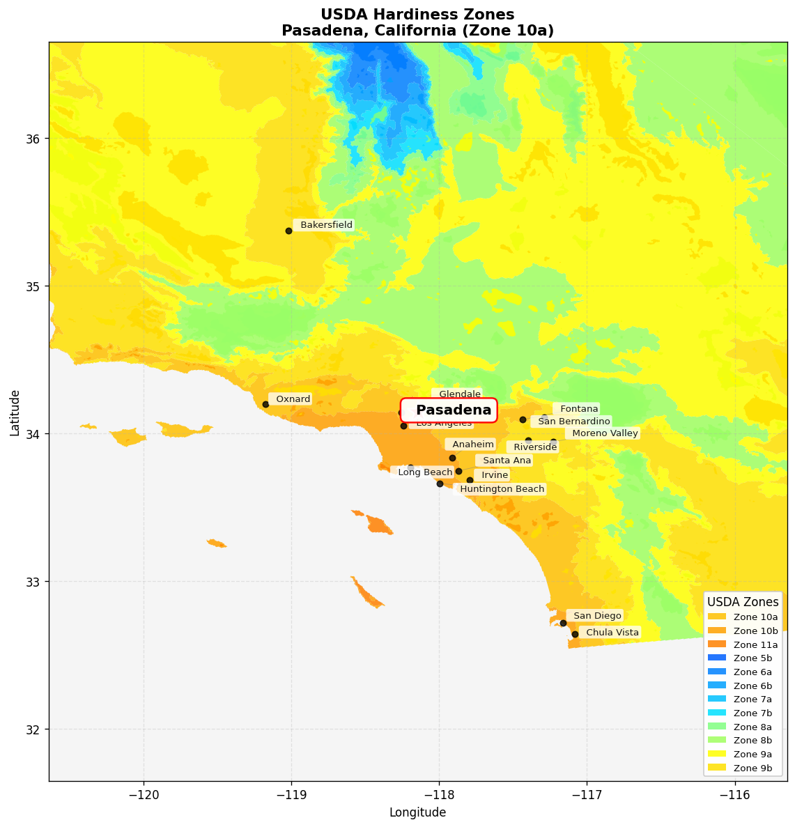USDA Hardiness Zone 10a Map for Pasadena, CA