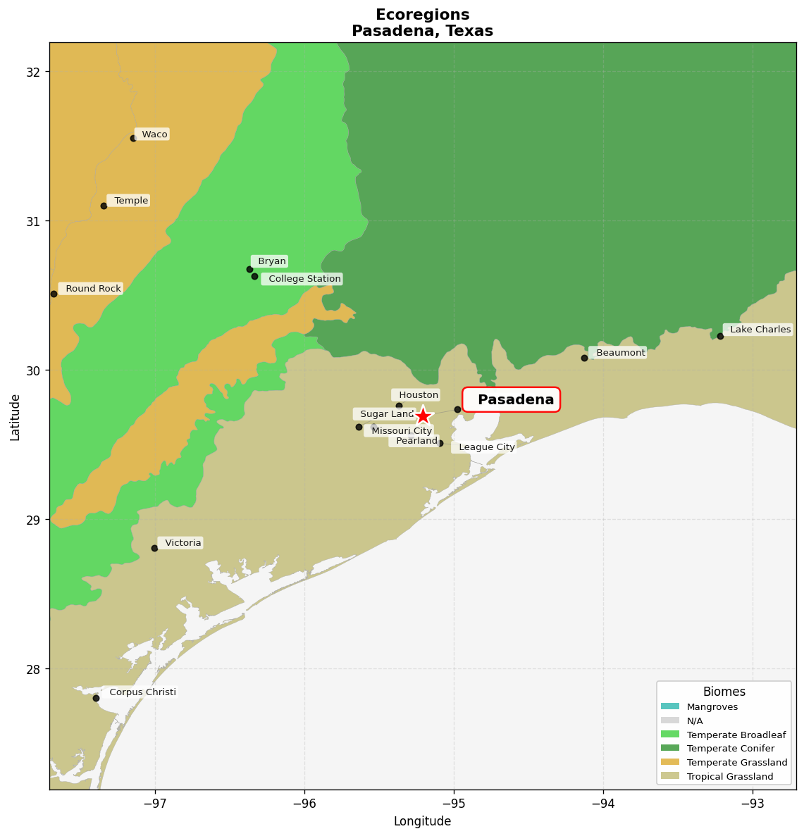 Western Gulf coastal grasslands Ecoregion Map for Pasadena, TX