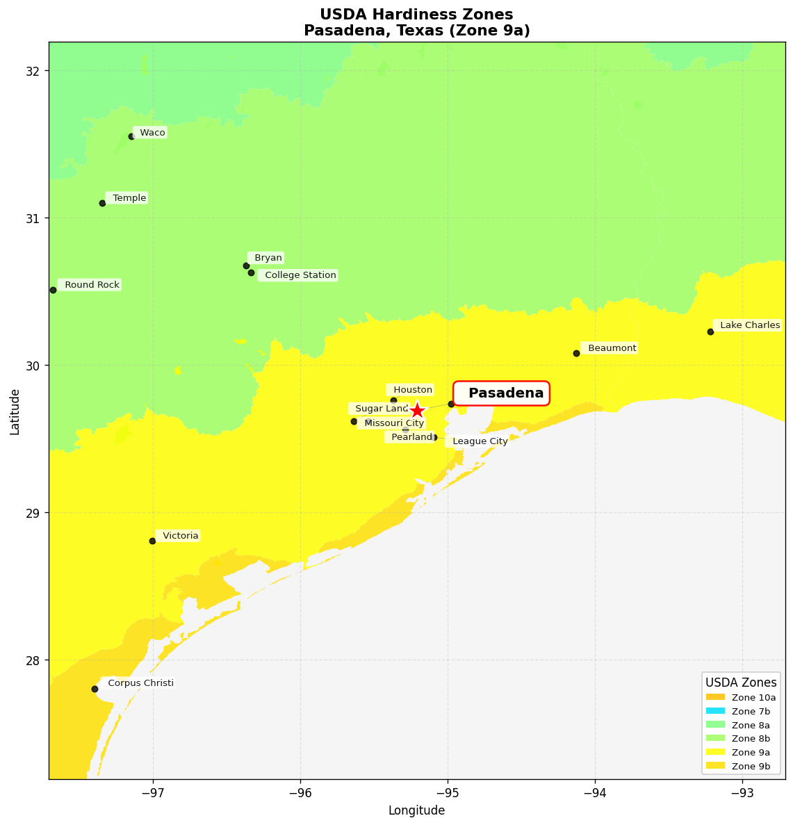 USDA Hardiness Zone 9a Map for Pasadena, TX