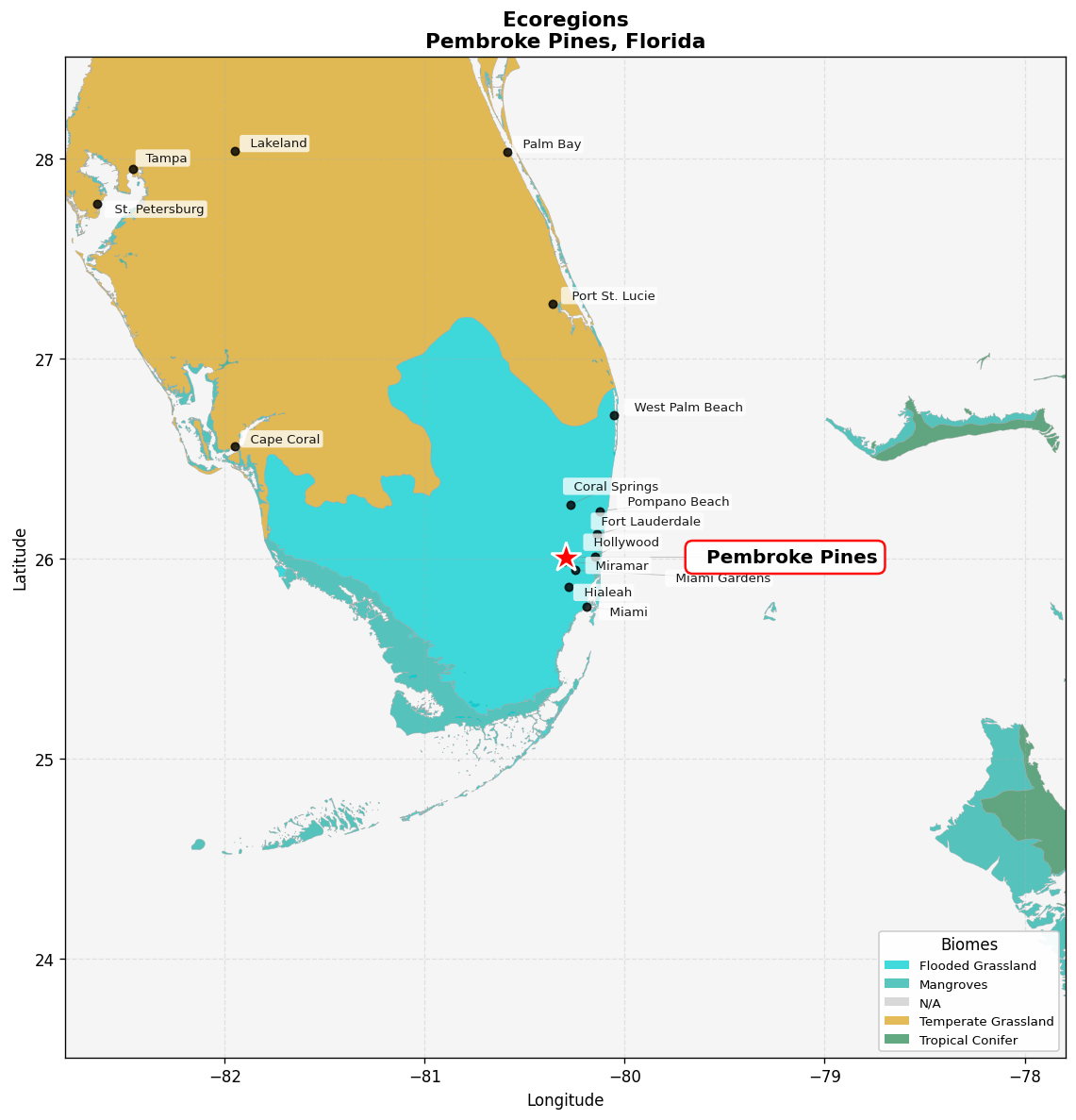 Everglades flooded grasslands Ecoregion Map for Pembroke Pines, FL