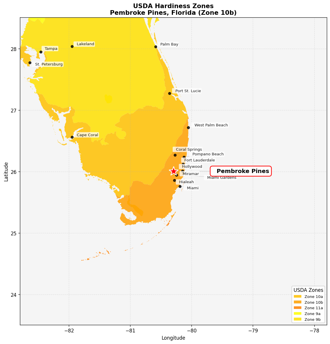 USDA Hardiness Zone 10b Map for Pembroke Pines, FL