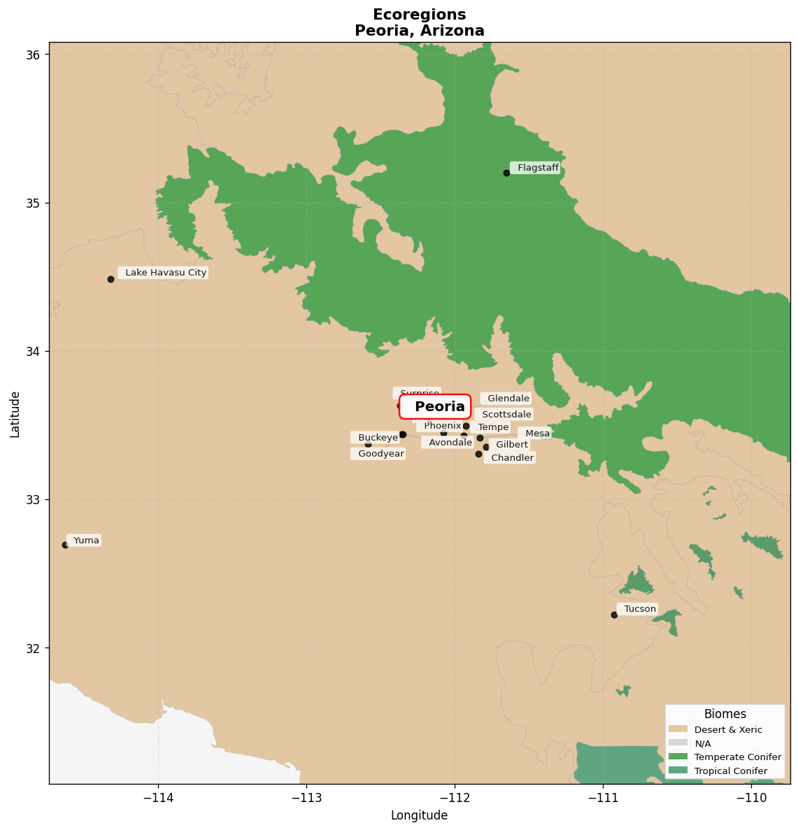 Sonoran desert Ecoregion Map for Peoria, AZ