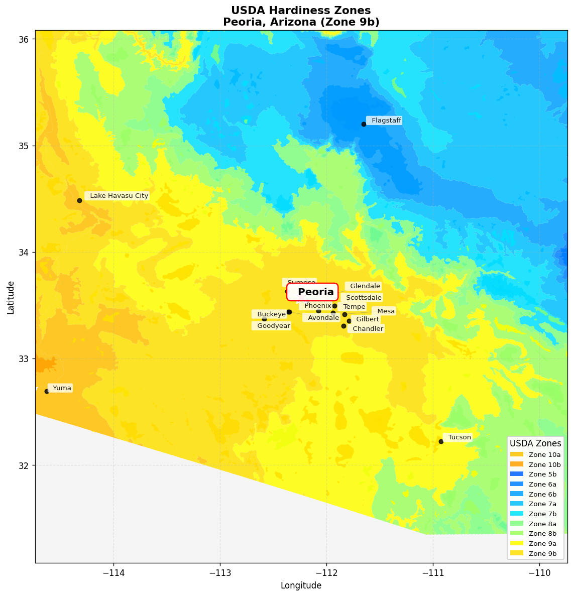 USDA Hardiness Zone 9b Map for Peoria, AZ