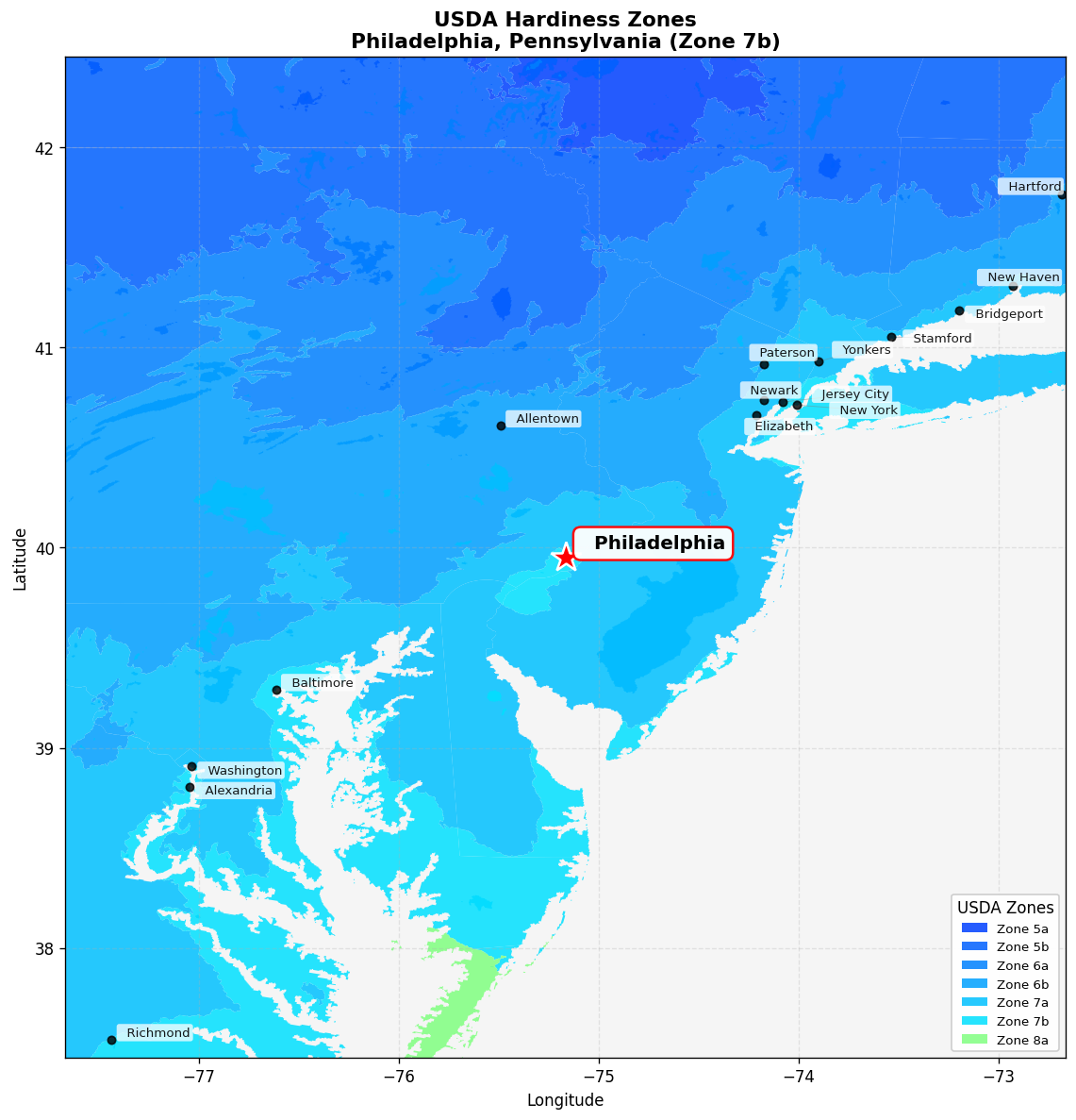 USDA Hardiness Zone Map for Philadelphia, PA