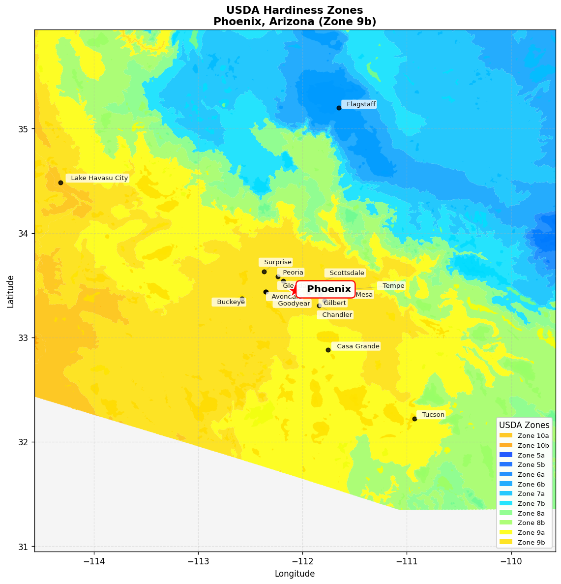 USDA Hardiness Zone Map for Phoenix, AZ