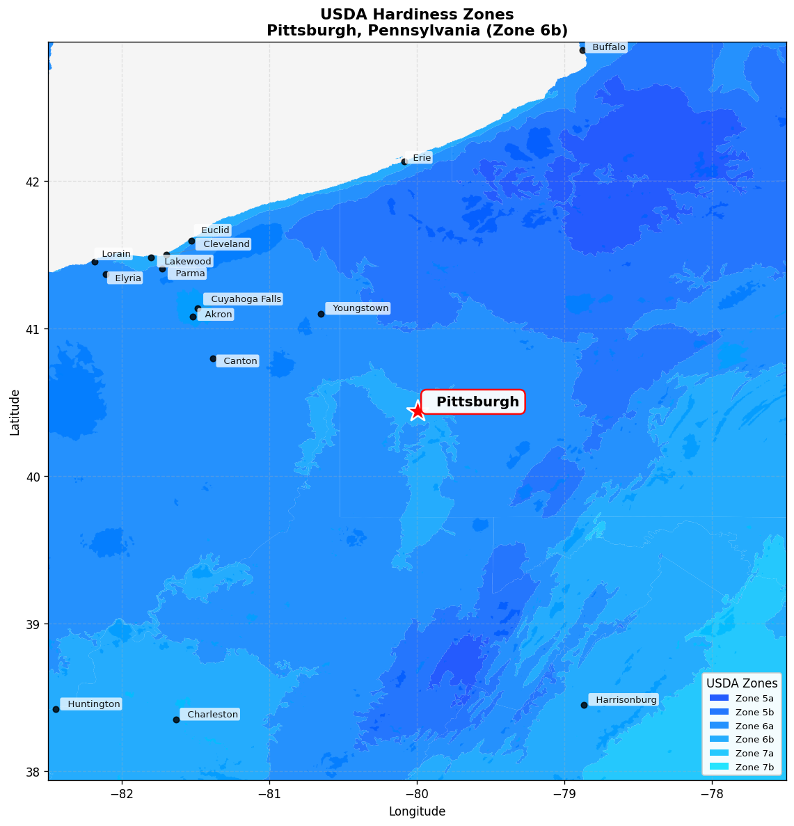 USDA Hardiness Zone 6b Map for Pittsburgh, PA