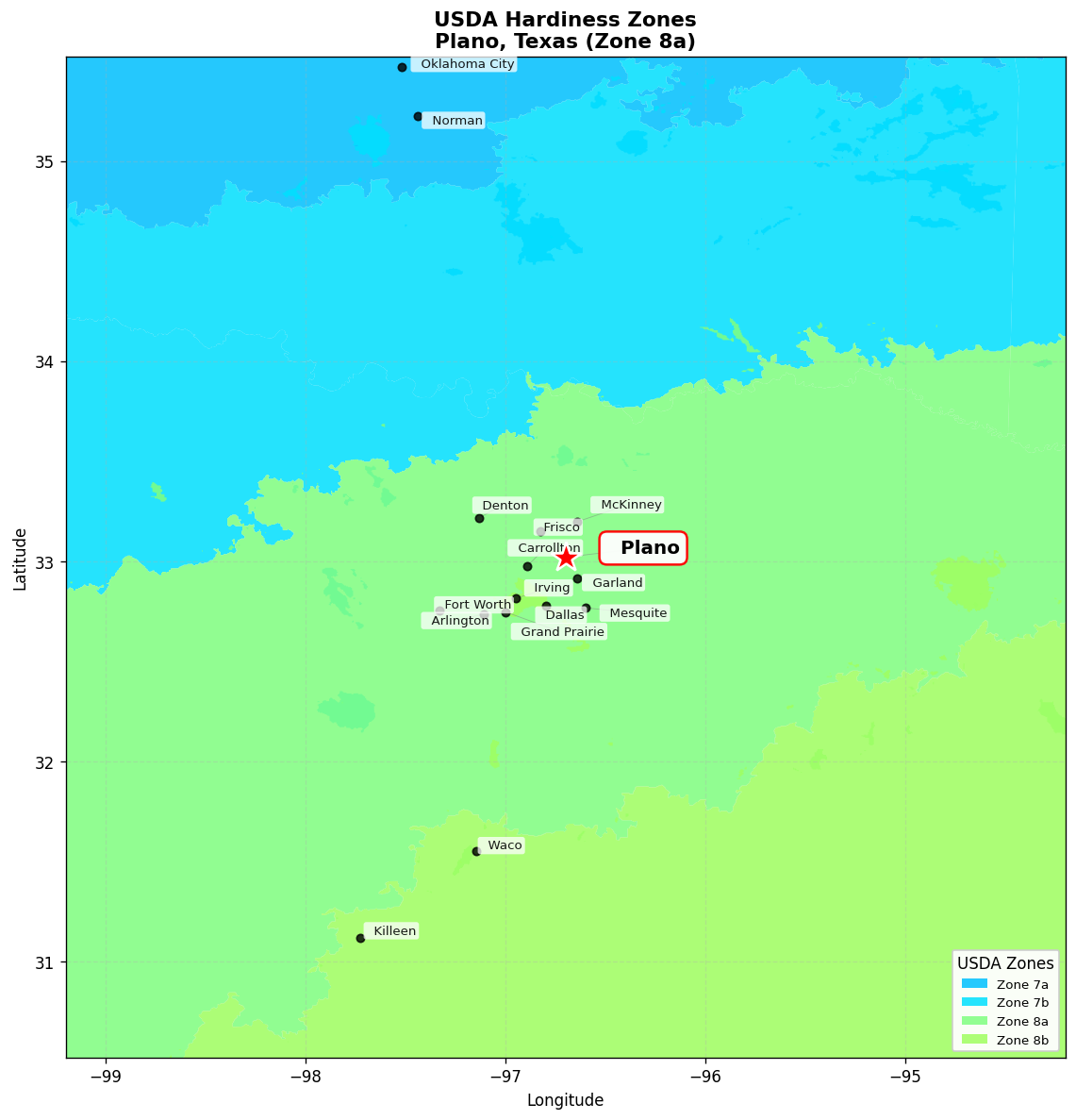 USDA Hardiness Zone 8a Map for Plano, TX