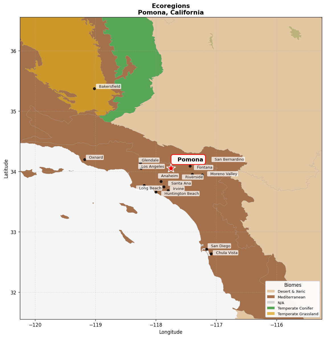 California coastal sage and chaparral Ecoregion Map for Pomona, CA