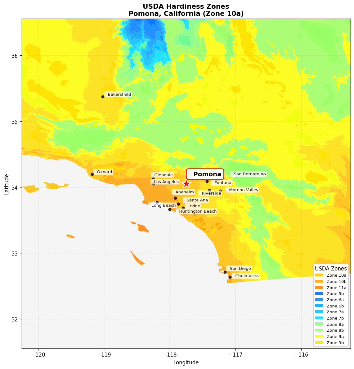 USDA Hardiness Zone 10a Map for Pomona, CA