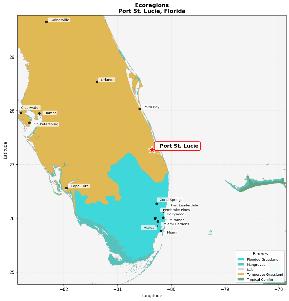 Southeast US conifer savannas Ecoregion Map for Port St. Lucie, FL