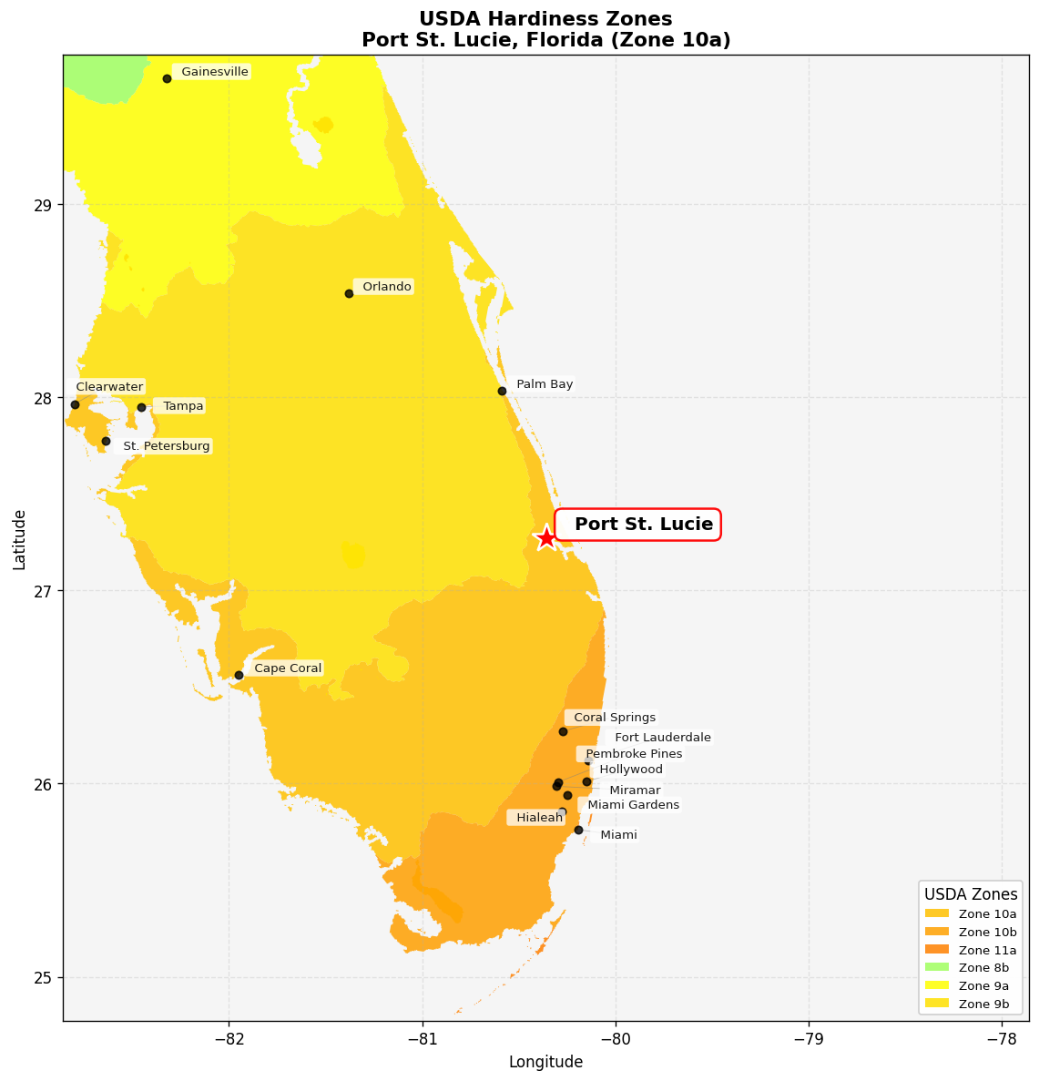 USDA Hardiness Zone 10a Map for Port St. Lucie, FL