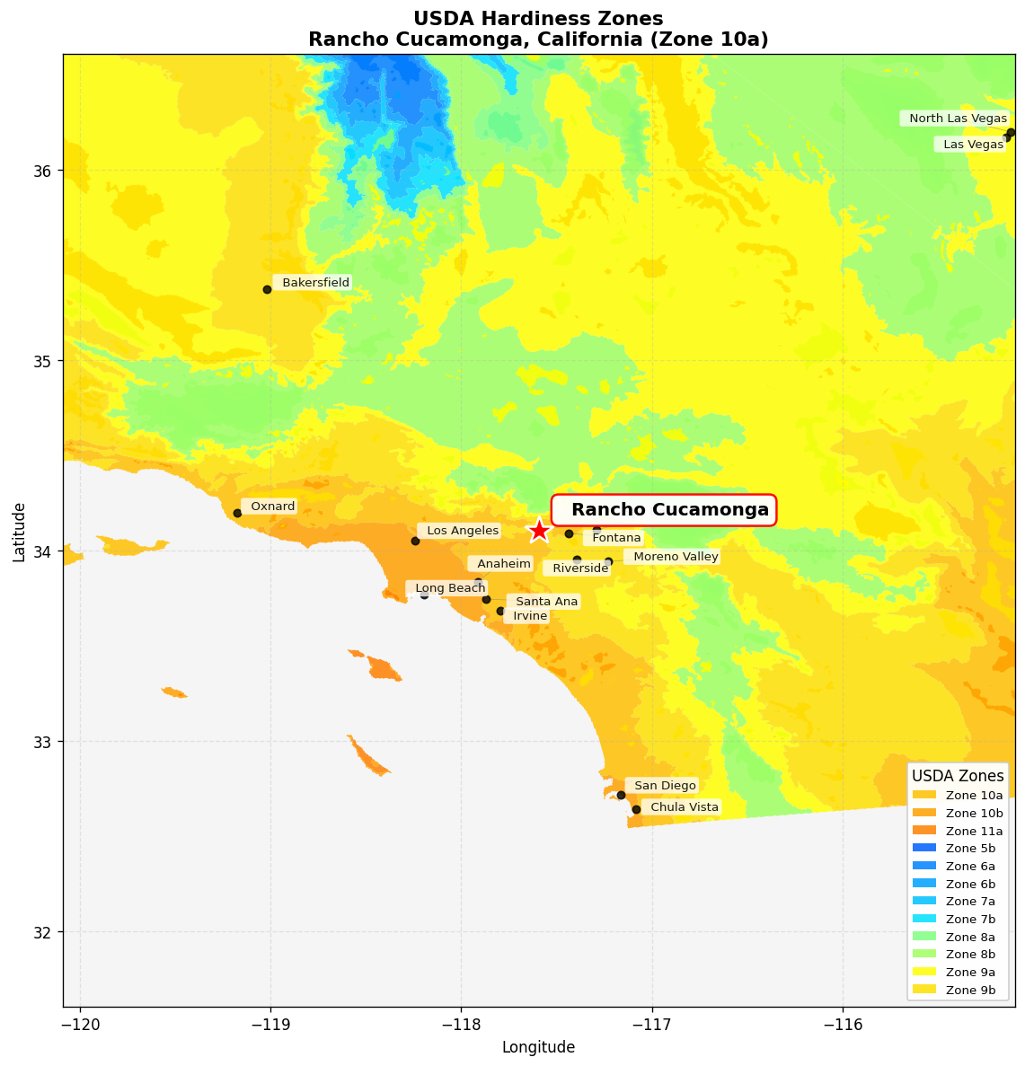 USDA Hardiness Zone 10a Map for Rancho Cucamonga, CA