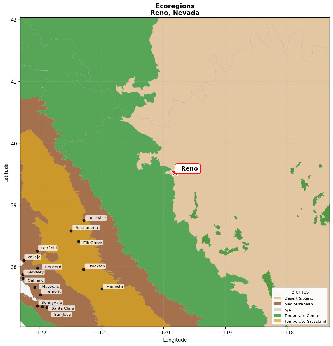 Great Basin shrub steppe Ecoregion Map for Reno, NV