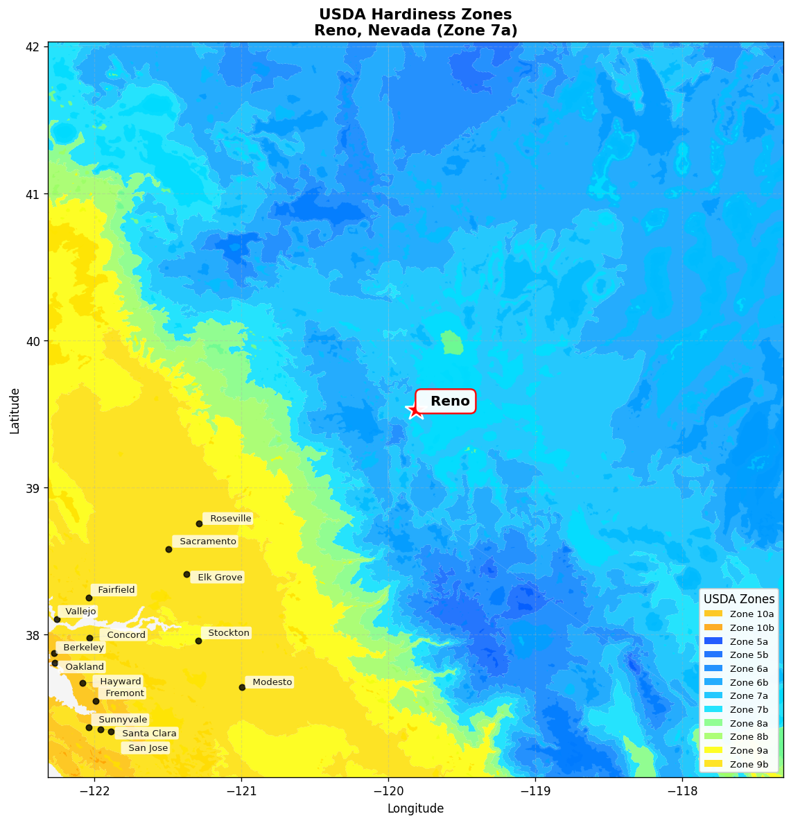 USDA Hardiness Zone 7a Map for Reno, NV