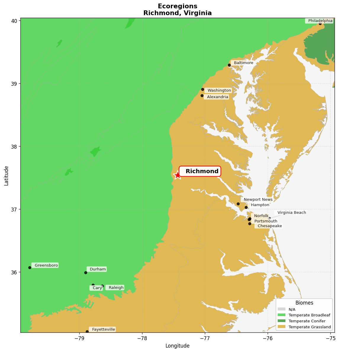 Southeast US conifer savannas Ecoregion Map for Richmond, VA