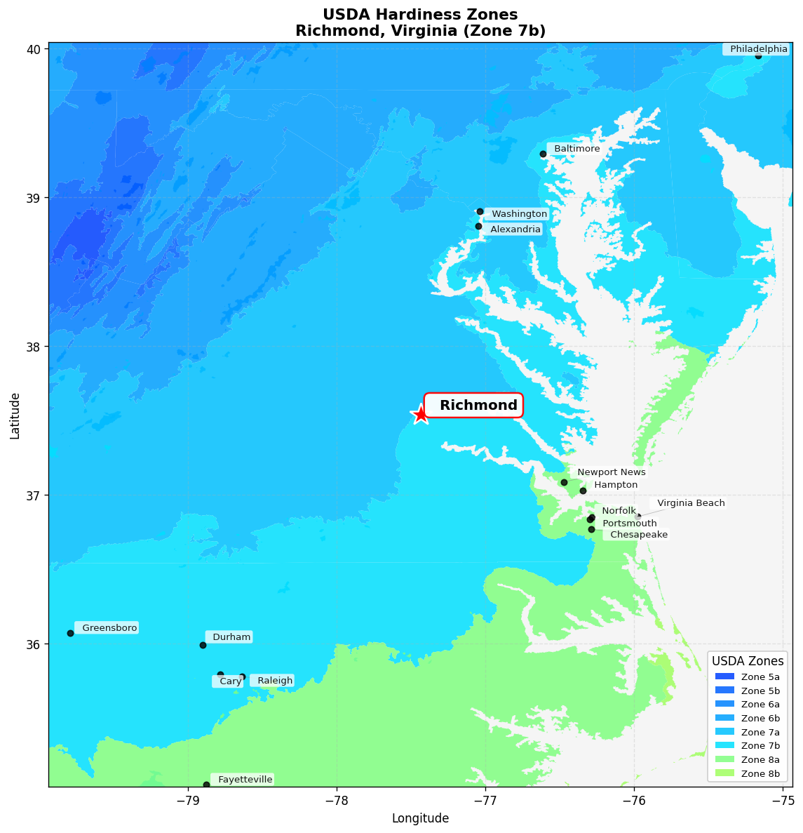 USDA Hardiness Zone 7b Map for Richmond, VA