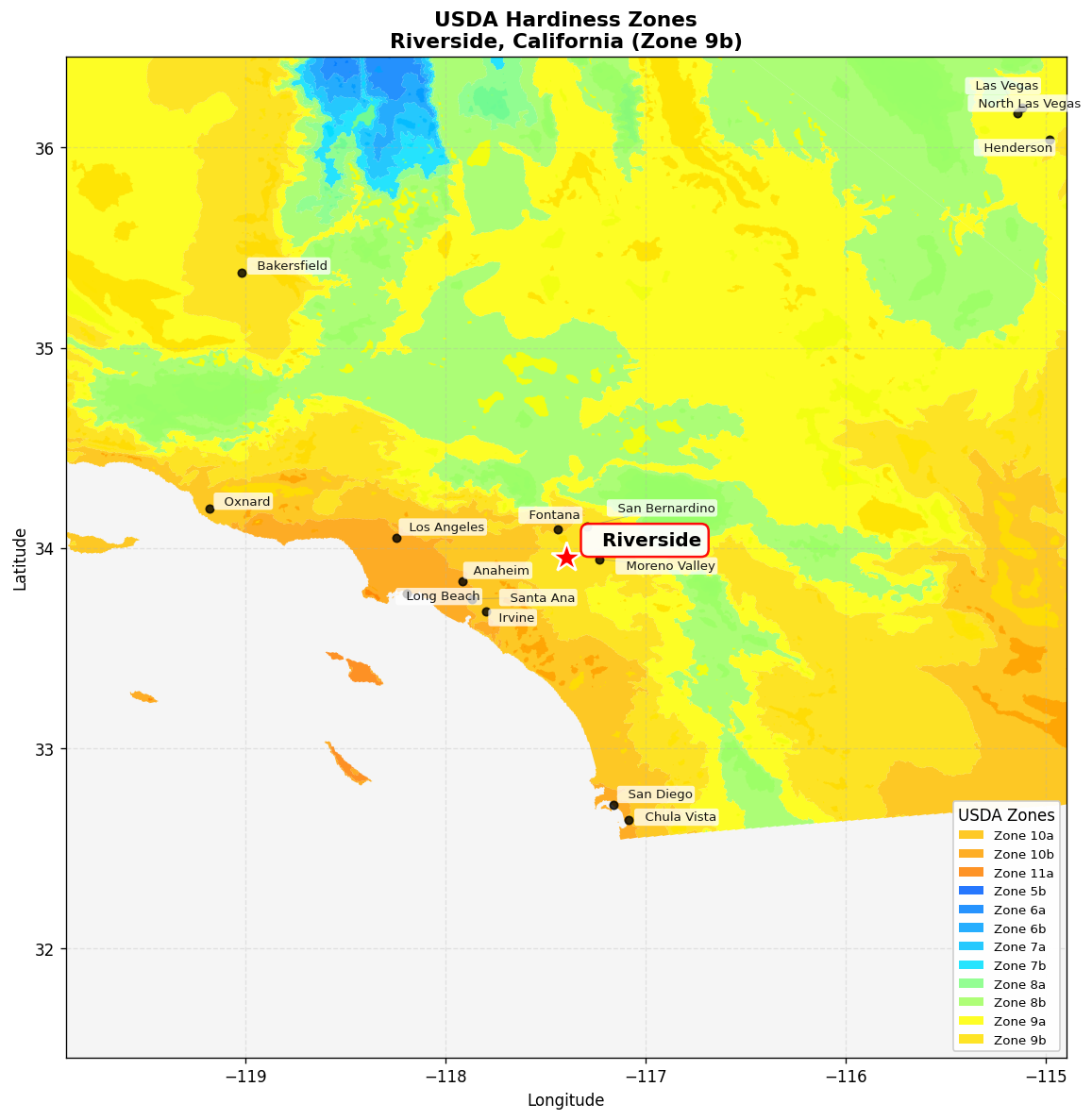 USDA Hardiness Zone 9b Map for Riverside, CA