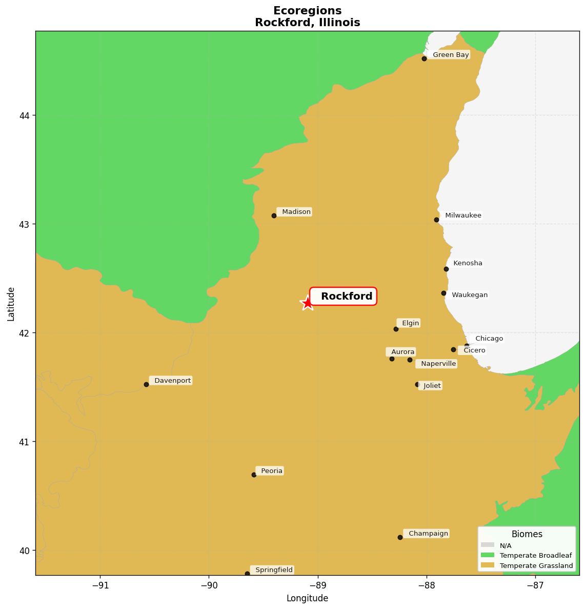 Central US forest-grasslands transition Ecoregion Map for Rockford, IL