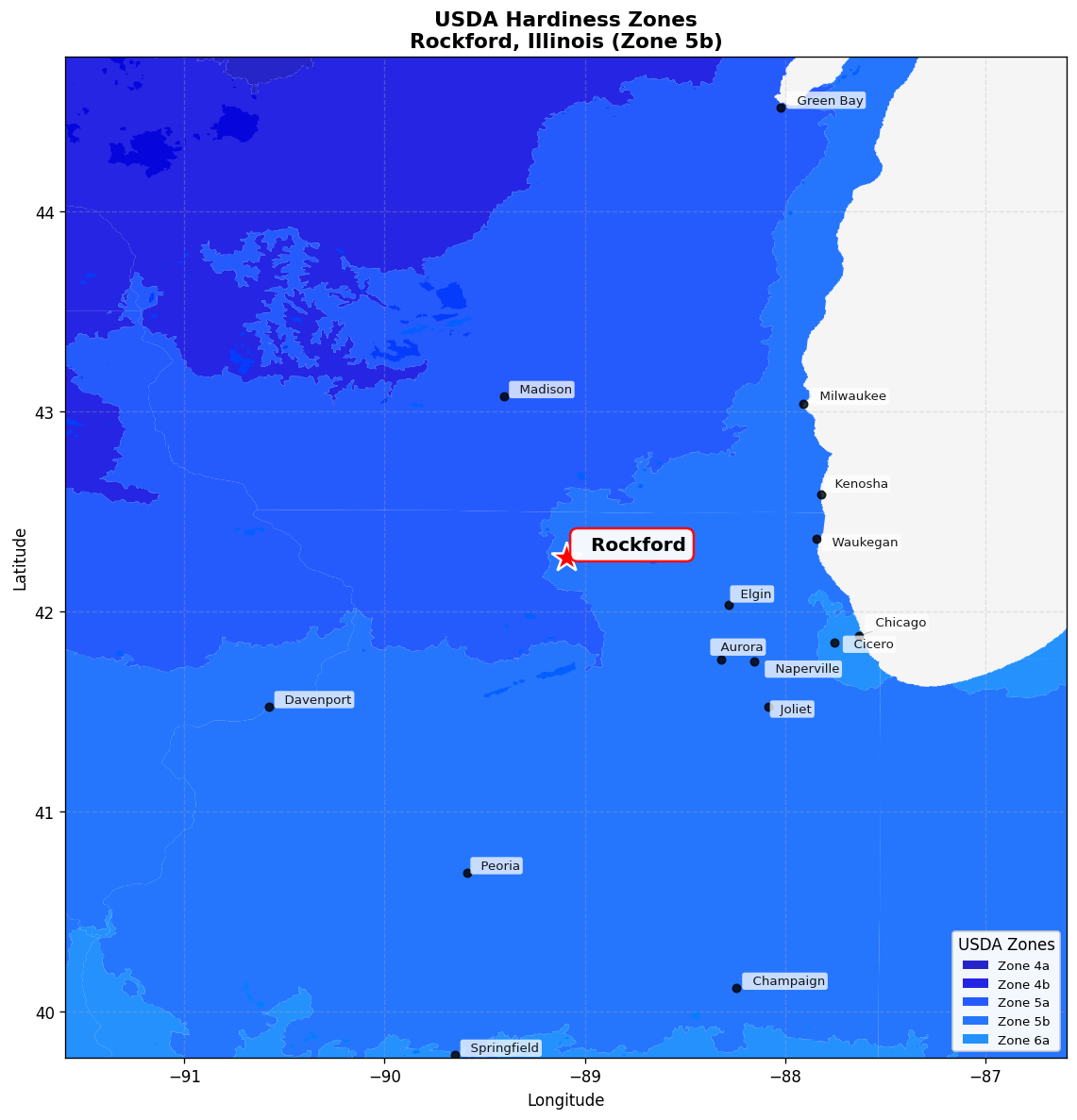 USDA Hardiness Zone 5b Map for Rockford, IL