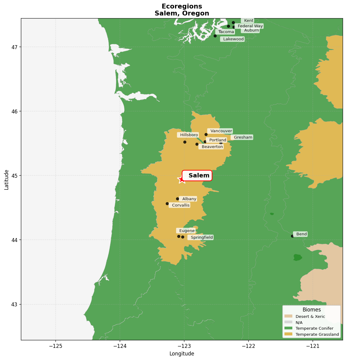 Willamette Valley oak savanna Ecoregion Map for Salem, OR