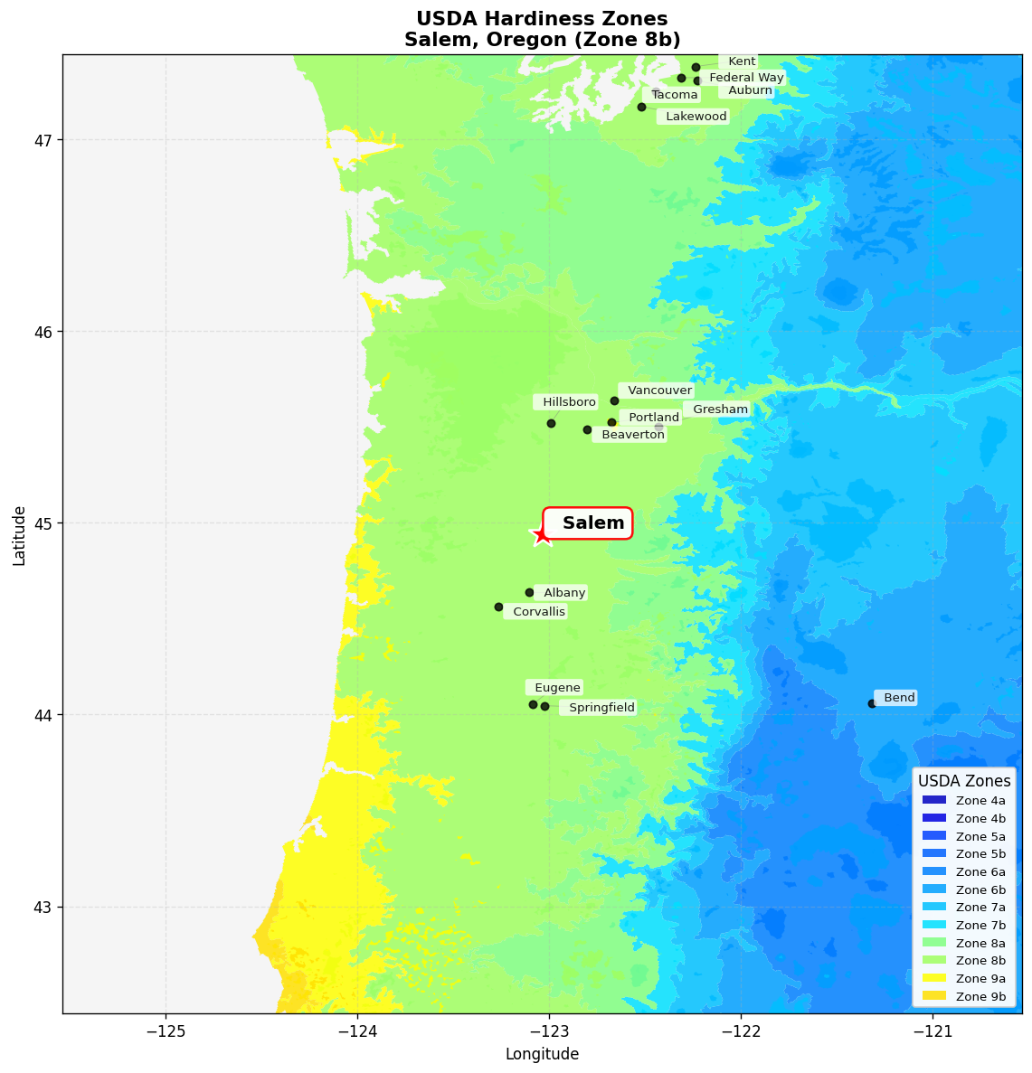 USDA Hardiness Zone 8b Map for Salem, OR