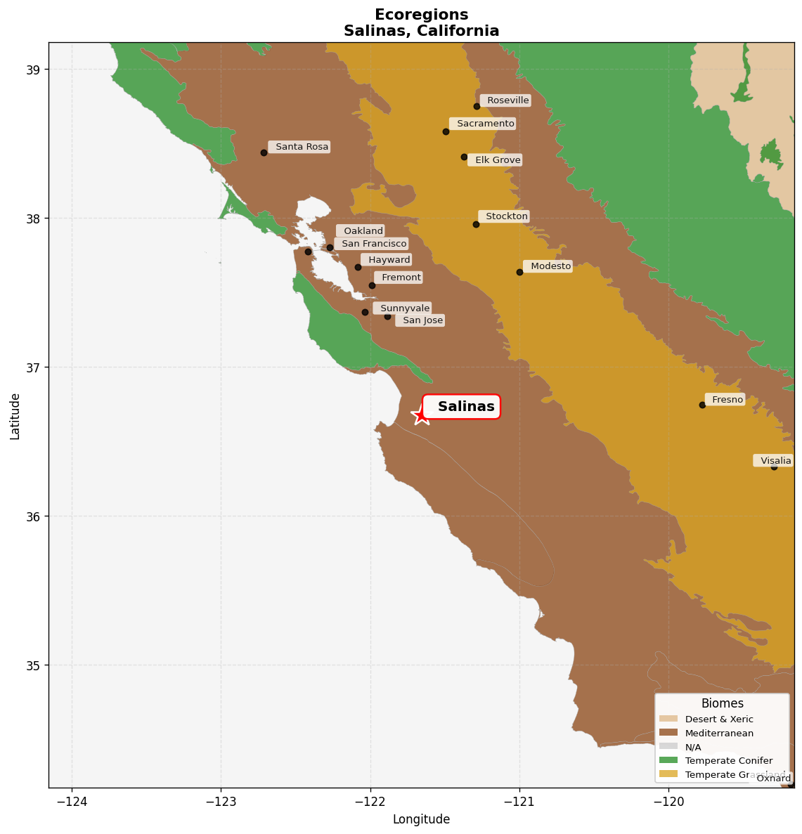 California interior chaparral and woodlands Ecoregion Map for Salinas, CA