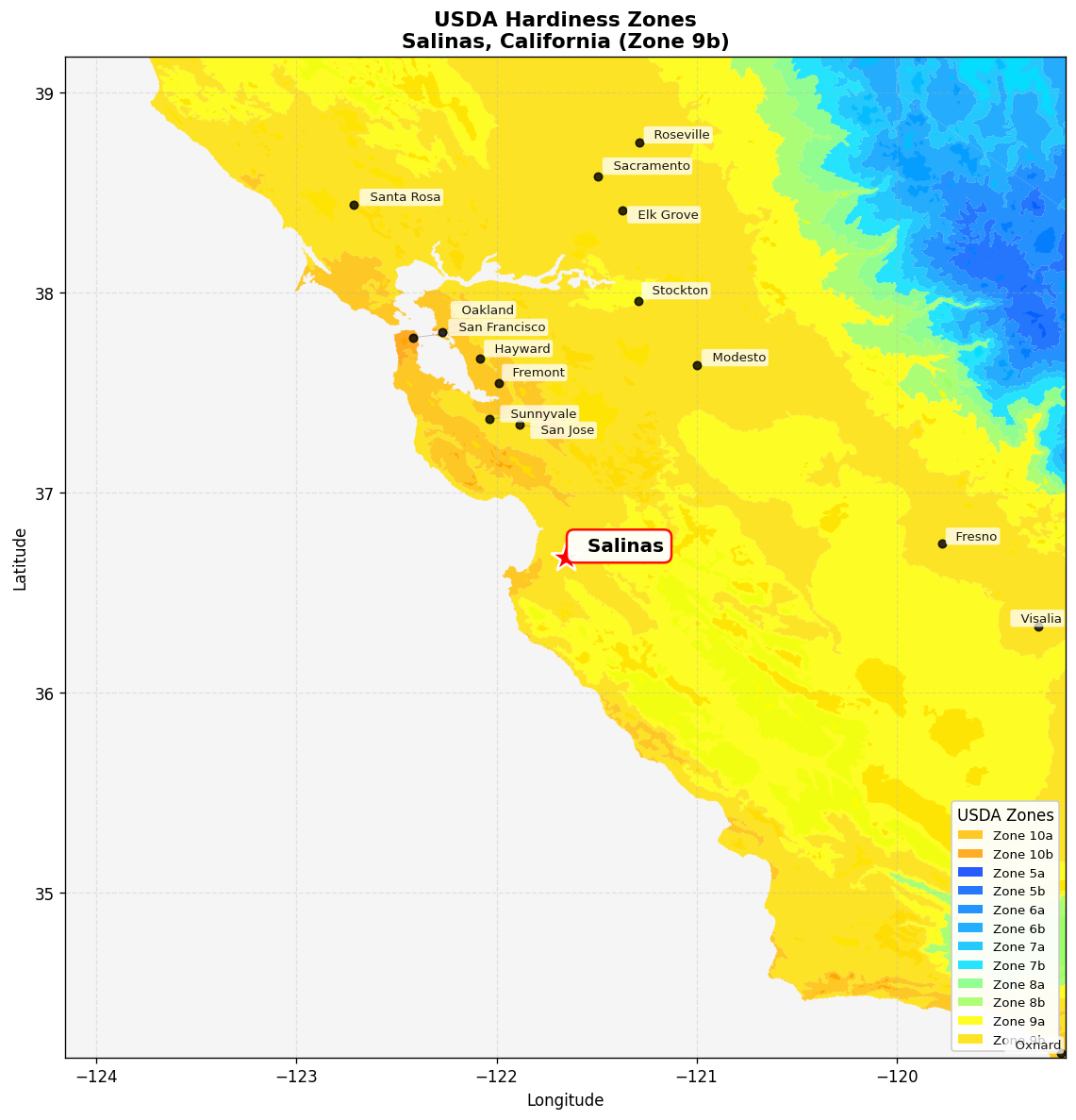 USDA Hardiness Zone 9b Map for Salinas, CA