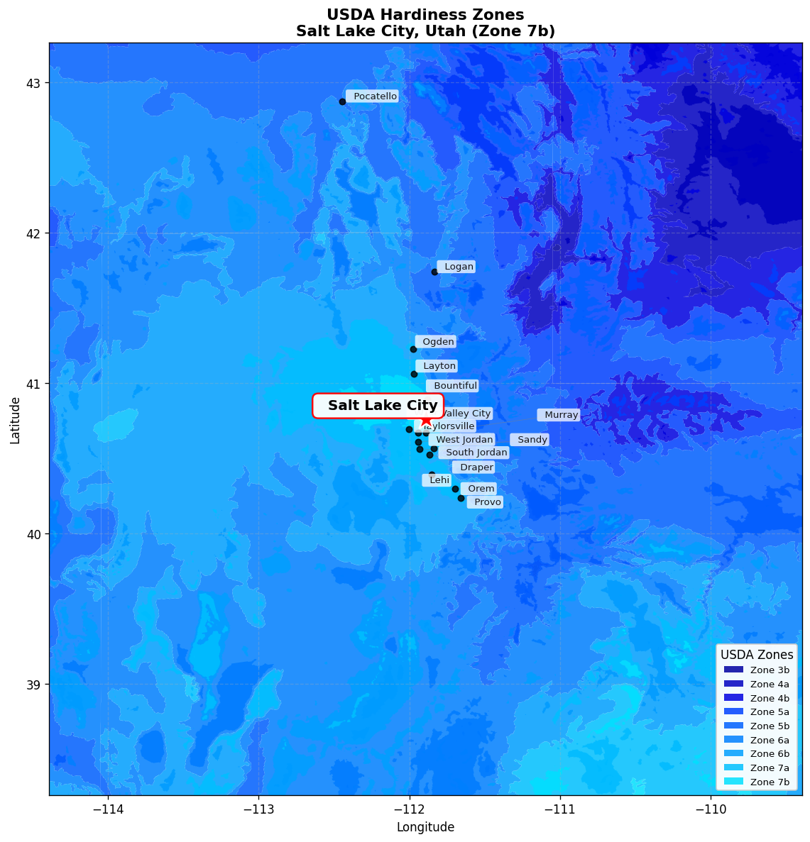 USDA Hardiness Zone 7b Map for Salt Lake City, UT