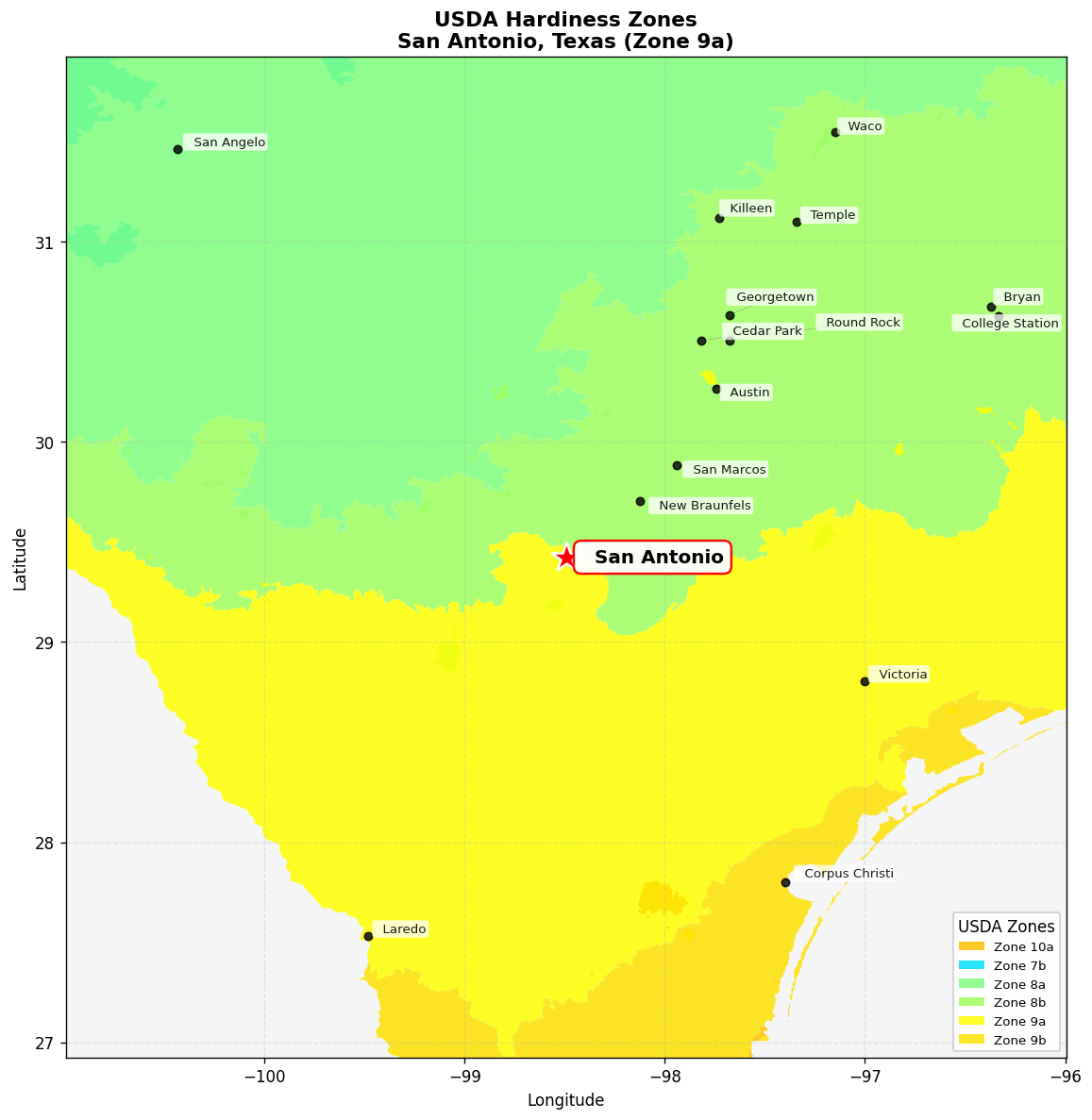 USDA Hardiness Zone Map for San Antonio, TX