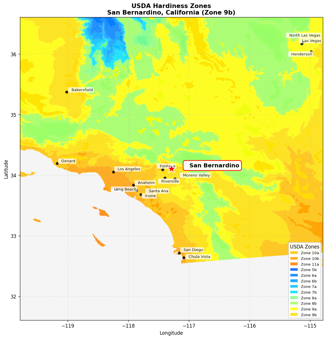USDA Hardiness Zone 9b Map for San Bernardino, CA
