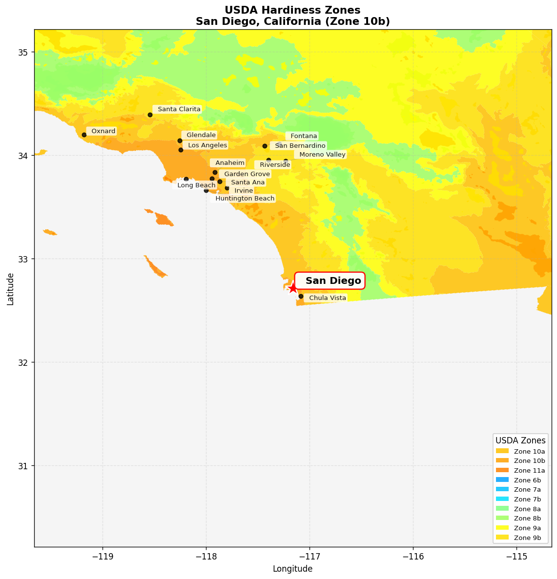USDA Hardiness Zone Map for San Diego, CA