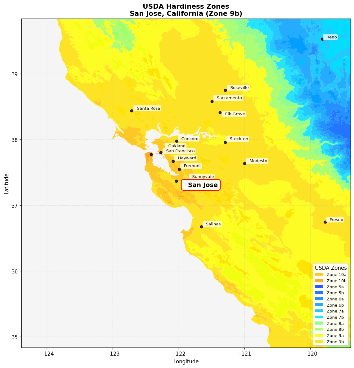 USDA Hardiness Zone Map for San Jose, CA