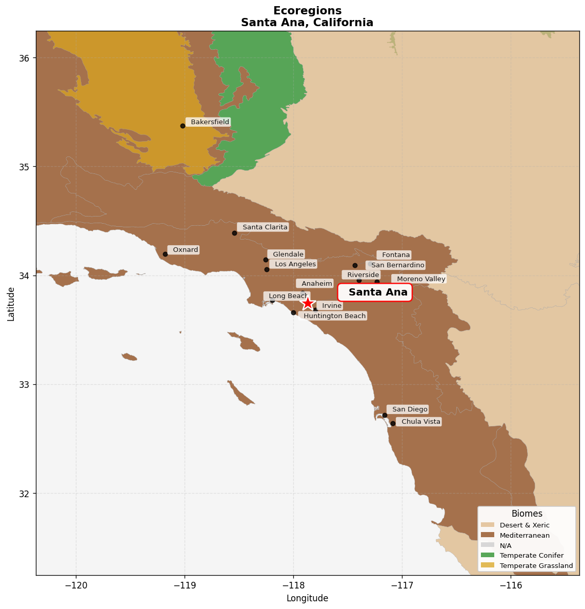 California coastal sage and chaparral Ecoregion Map for Santa Ana, CA