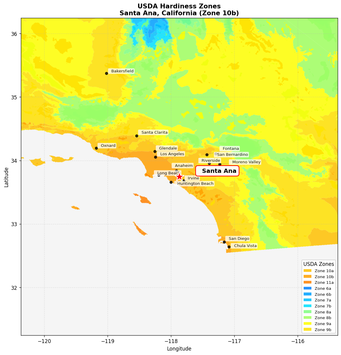 USDA Hardiness Zone 10b Map for Santa Ana, CA