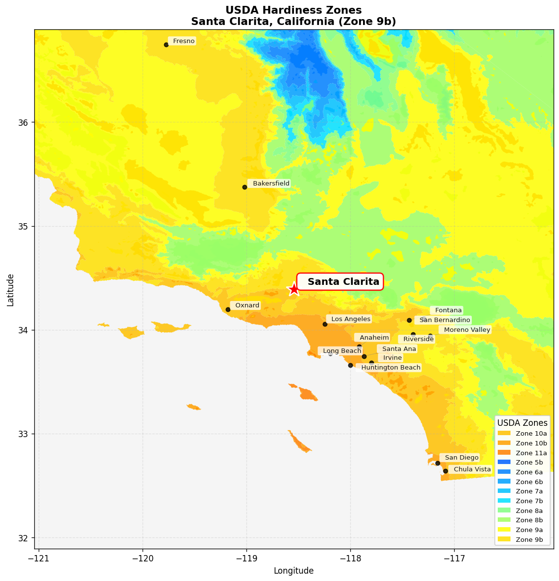 USDA Hardiness Zone 9b Map for Santa Clarita, CA