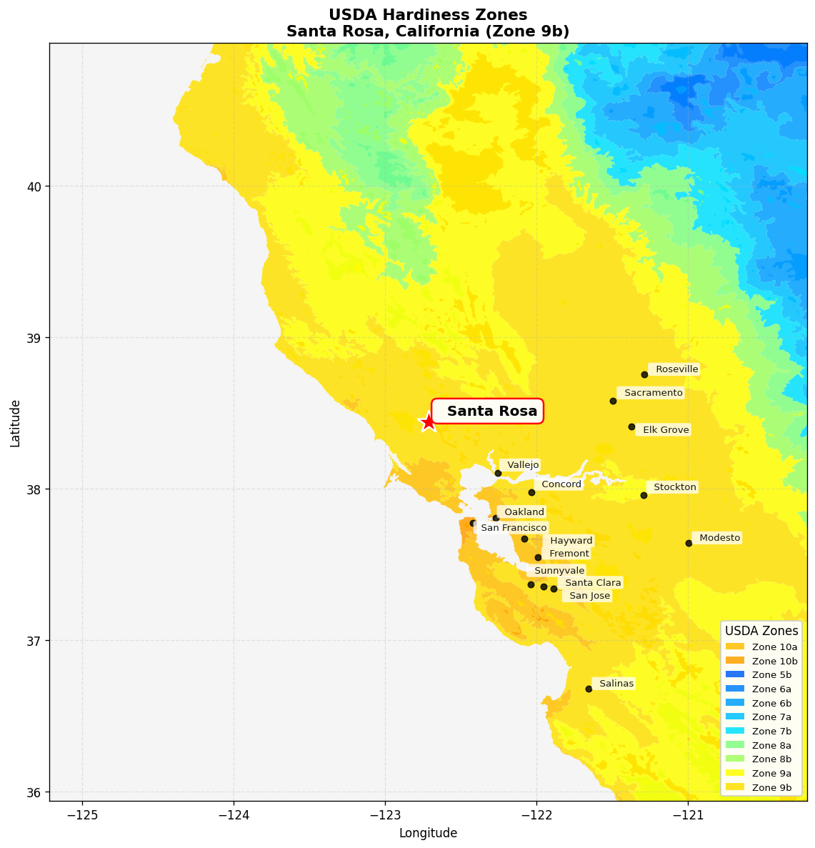USDA Hardiness Zone 9b Map for Santa Rosa, CA