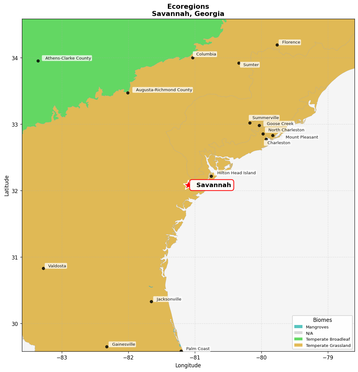 Southeast US conifer savannas Ecoregion Map for Savannah, GA